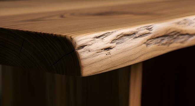 Rustic wooden table corner with natural edge detail and wood grain