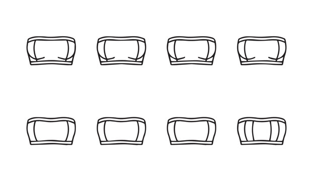 Eight simple line drawings of strapless bras on a white background for fashion design