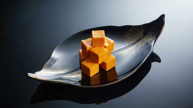 Luxury orange dessert cubes stacked on black leaf shaped ceramic plate with reflective surface.