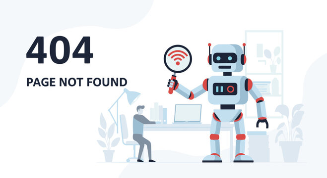 Error 404 page not found concept featuring a friendly robot with a magnifying glass assisting a person at their desk.