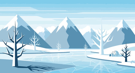Flat Design Winter Landscape with Snowy Mountains, Ice River, and Bare Trees © Lina