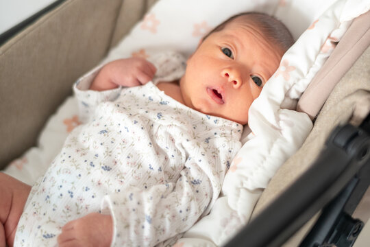 Adorable newborn baby girl with wide eyes lying awake in a cozy bassinet pram wearing a floral patterned onesie.