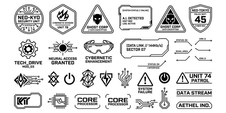 Comprehensive hud set. Futuristic cyberpunk interface icons and tech labels collection set. Vector illustration.