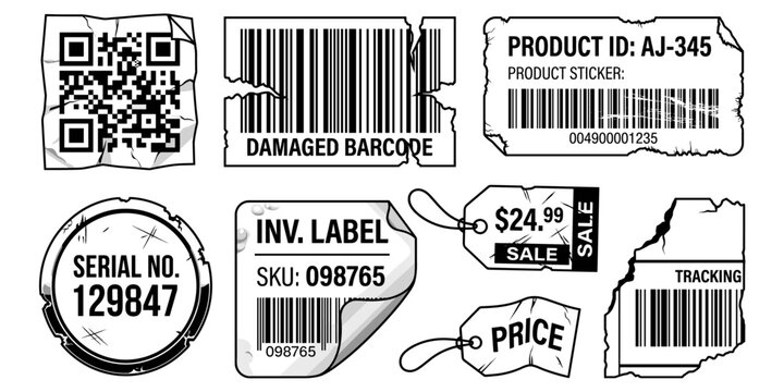 Set of damaged and worn barcodes qr codes and inventory labels with text. Damaged barcodes, crumpled QR code labels, product ID stickers with torn edges. Vector illustration.
