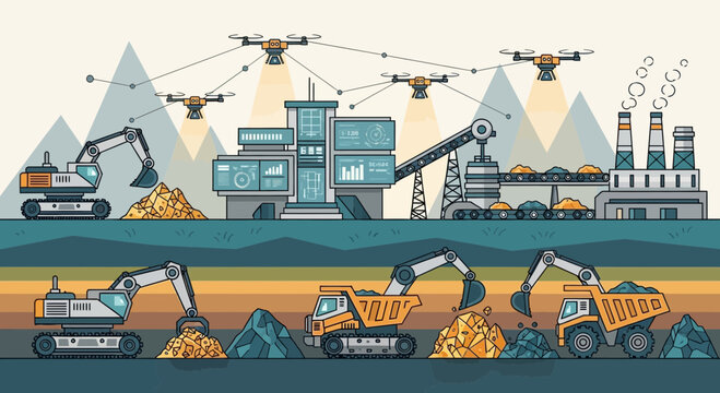 Modern Mining Operation with Drones, Excavators, and Trucks - Digital Art