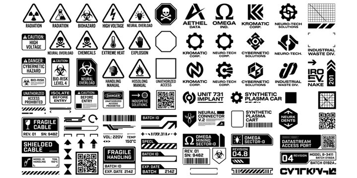 Collection of futuristic cyberpunk corporate tags with scifi design icons. Barcode graphics and maintenance labels designed for scifi user interfaces and product packaging on white backgrounds.