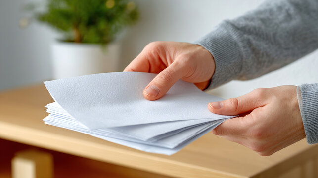 Person holding stack of blank papers for brochure handout and office distribution background for printing and mail design