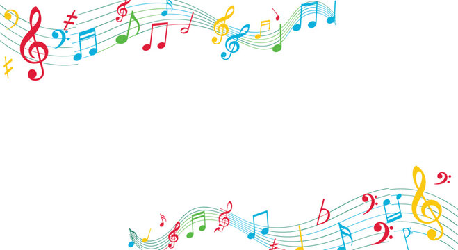 Musical background border composed of colorful floating music notes and clefs on a staff against a clean white background.