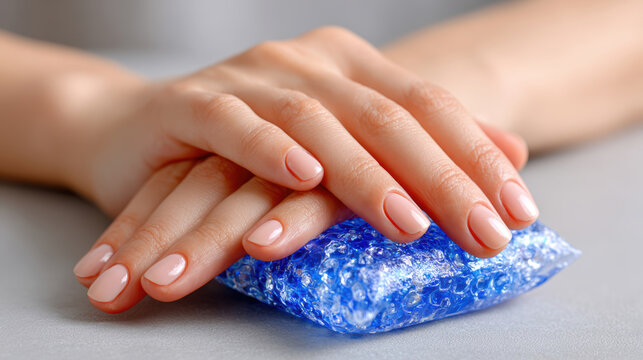 Two hands resting on a blue reusable cold pack compress for soothing pain relief and hand therapy closeup for wellness care