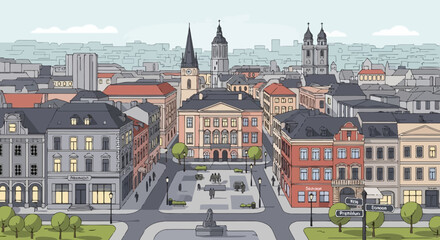 European Cityscape Illustration: Historic Buildings, Town Square, and Church Spires © Leo