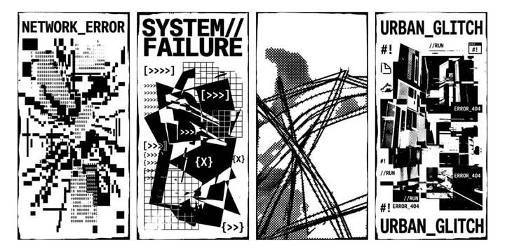 Network error graphic design with glitch and pixel art elements. retro futuristic posters with distorted geometric forms.