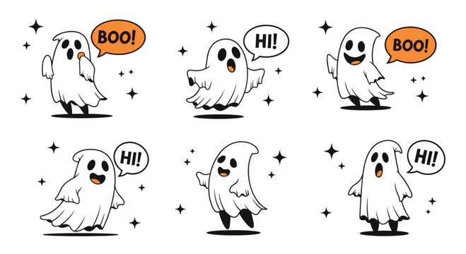 Collection of cute friendly cartoon ghosts with speech bubbles saying hi and boo for halloween decorations.