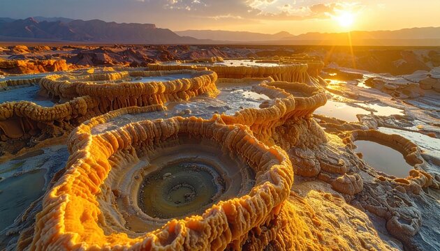 Vibrant cyanobacteria colonies forming mineral terraces in a geothermal hot spring ecosystem under warm sunlight.