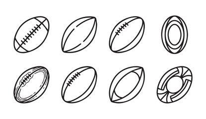 Fototapeta premium Eight different rugby balls arranged in a grid on a white background in a simple line drawing style