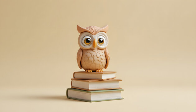 Cute 3D animated owl character sitting on a stack of books, concept of wisdom and education isolated on a clean warm beige background.