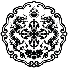 Fototapeta premium Ornate spiritual symbol featuring symmetrical oriental dragons facing a central double vajra above a sacred lotus flower.