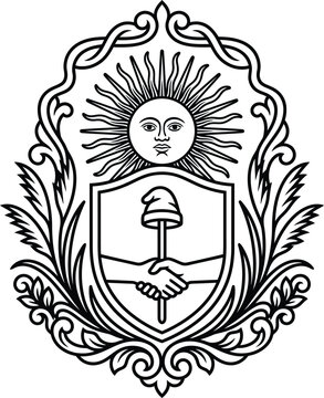 Elaborate black and white line artwork of the argentine national emblem showing the sun of may and hands shaking over a phrygian cap.
