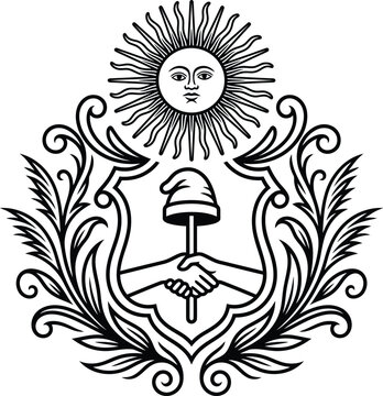 Black and white line graphic drawing of the national coat of arms of argentina featuring the sun of may and shaking hands.