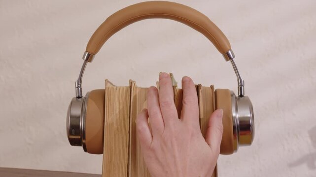 Listener's hand selecting book from audiobook playlist with headphones close-up