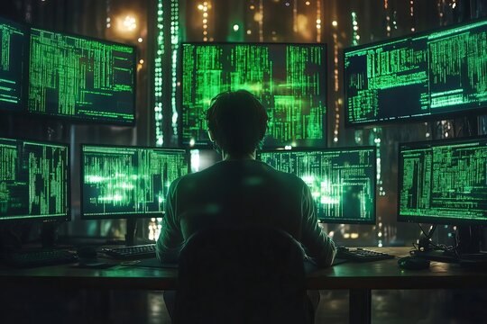 Rear view of a skilled computer programmer working intensely with multiple screens displaying intricate green digital code in a dark, high-tech environment, symbolizing cybersecurity and data.