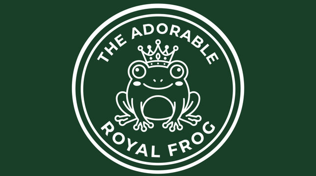 Circular royal frog emblem with crown and text.
