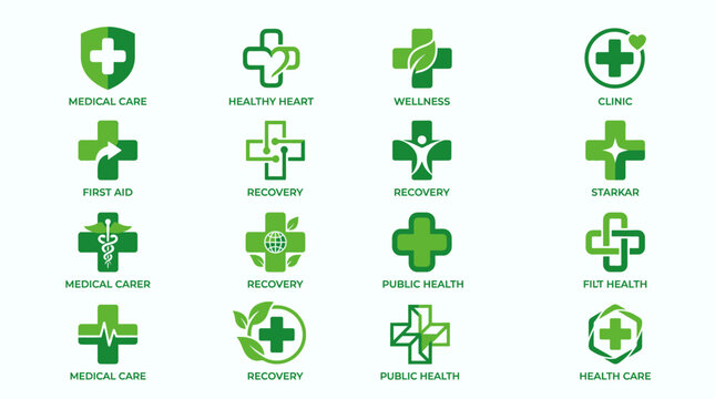 Collection of green medical cross logos with leaf elements.