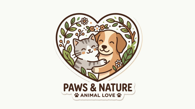 Cute cat and dog in leaf heart wreath.