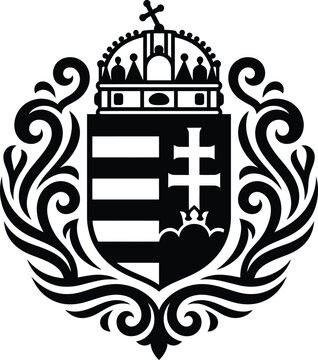 Black and white vector drawing of the historic Hungarian coat of arms featuring the crown of saint stephen.