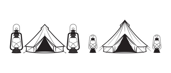 Black and white camping tent with vintage oil lanterns icon set for outdoor adventure and travel design. © CreatetiveDesignX