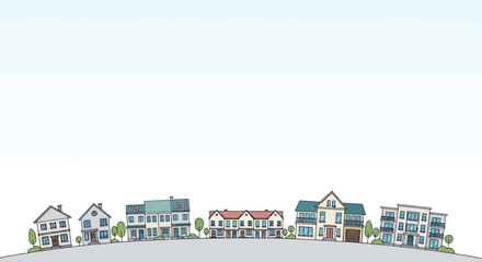 Whimsical Watercolor Houses on Horizon, Suburban Street View, Light Blue Sky Background © Leo