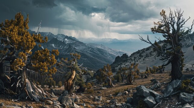 Dramatic nature scene stunted trees rocky terrain distant mountains Canon EOS R5 24mm f11