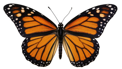 Monarch butterfly with orange black, and white wings spread © Isadora