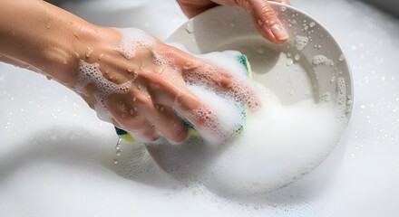 Fototapeta premium Close-up of a hand washing a plate with a sponge and dish soap in a foamy sink.