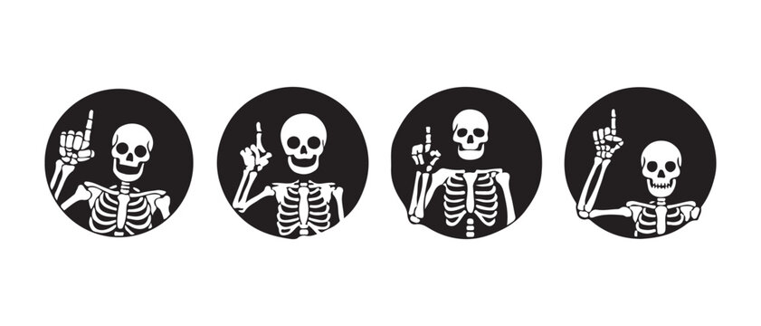 Set of four circular icons with funny skeletons pointing finger up in black and white style.