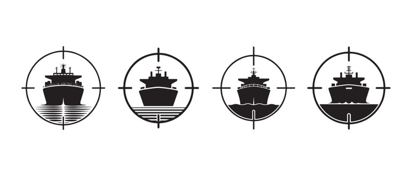 Set of black cargo ship silhouettes inside target crosshair sights for maritime security or navigation concepts.