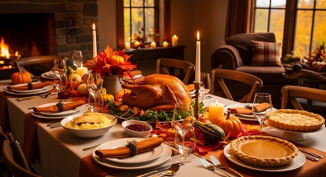 Thanksgiving dinner table setting in canada with traditional turkey and fall decor