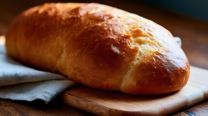Fototapeta premium A beautifully baked loaf of bread rests on a soft cloth conveying a warm and wholesome homemade atmosphere