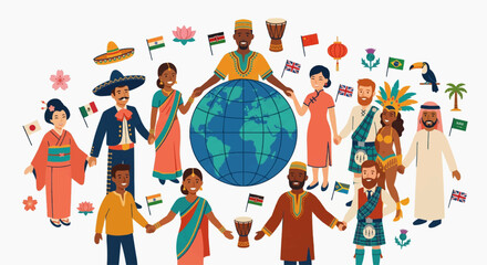 Fototapeta premium Global Multicultural People Holding Hands Around the World Flat Vector Illustration, Unity Diversity and Peace Concept