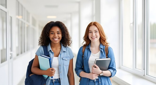 Two diverse female students smiling at camera in school hallway with books and backpacks