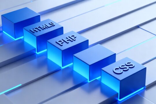Blue glowing web development blocks: HTML5, PHP, CSS