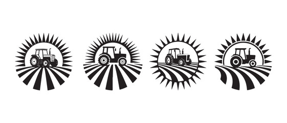 Set of four black and white farm tractor icons with sun and field symbols for agriculture design. © CreatetiveDesignX