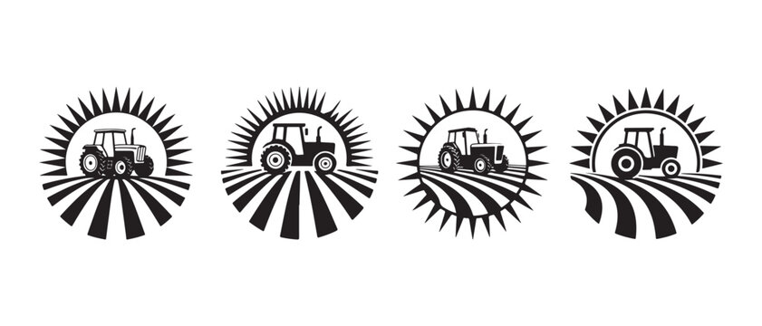 Set of four black and white farm tractor icons with sun and field symbols for agriculture design.