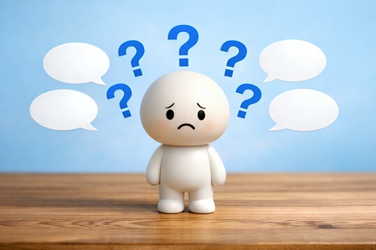 Worried character surrounded by questions and blank speech bubbles