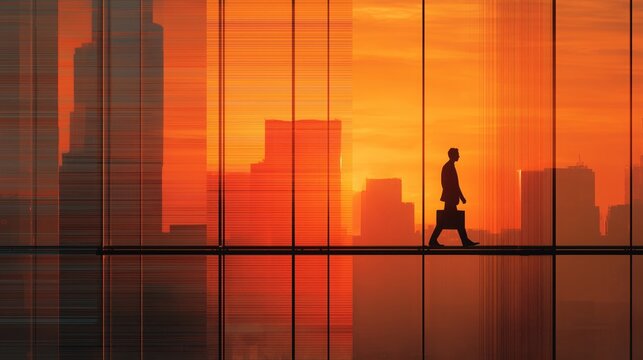 Silhouette of business executive with briefcase walking through modern glass office building at sunrise, copy space