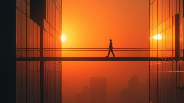 Silhouette of business professional walking on skybridge between corporate towers at sunrise, copy space