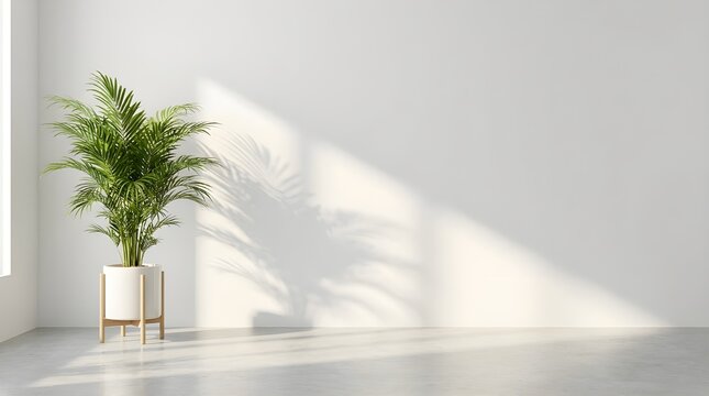 Minimalist empty room with potted palm plant on white pot
