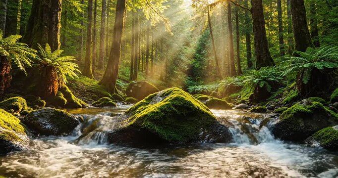 Serene forest stream with mossy rocks.