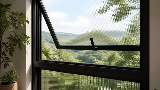 Open awning window frame with black metal detail and textured glass overlooking a lush green forest view