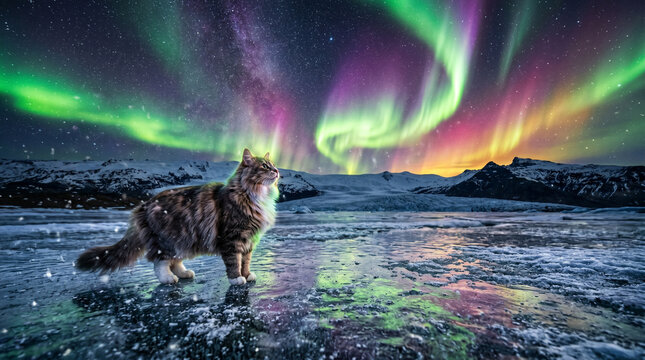 Majestic maine coon cat standing on a frozen icy landscape under a vibrant aurora borealis night sky with stars and mountains