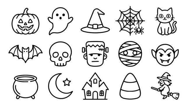 Spooky Halloween symbols and characters outline icon set